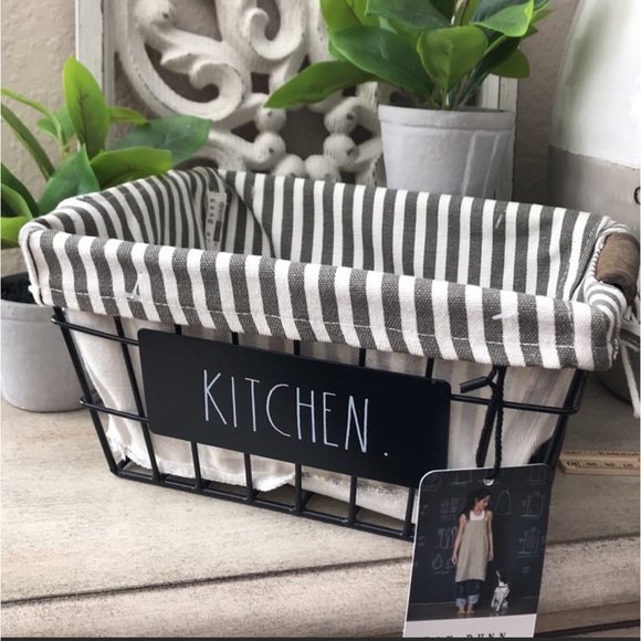 New! Rae Dunn Farmhouse Cottage Shabby Chic lined metal basket & wood handles
